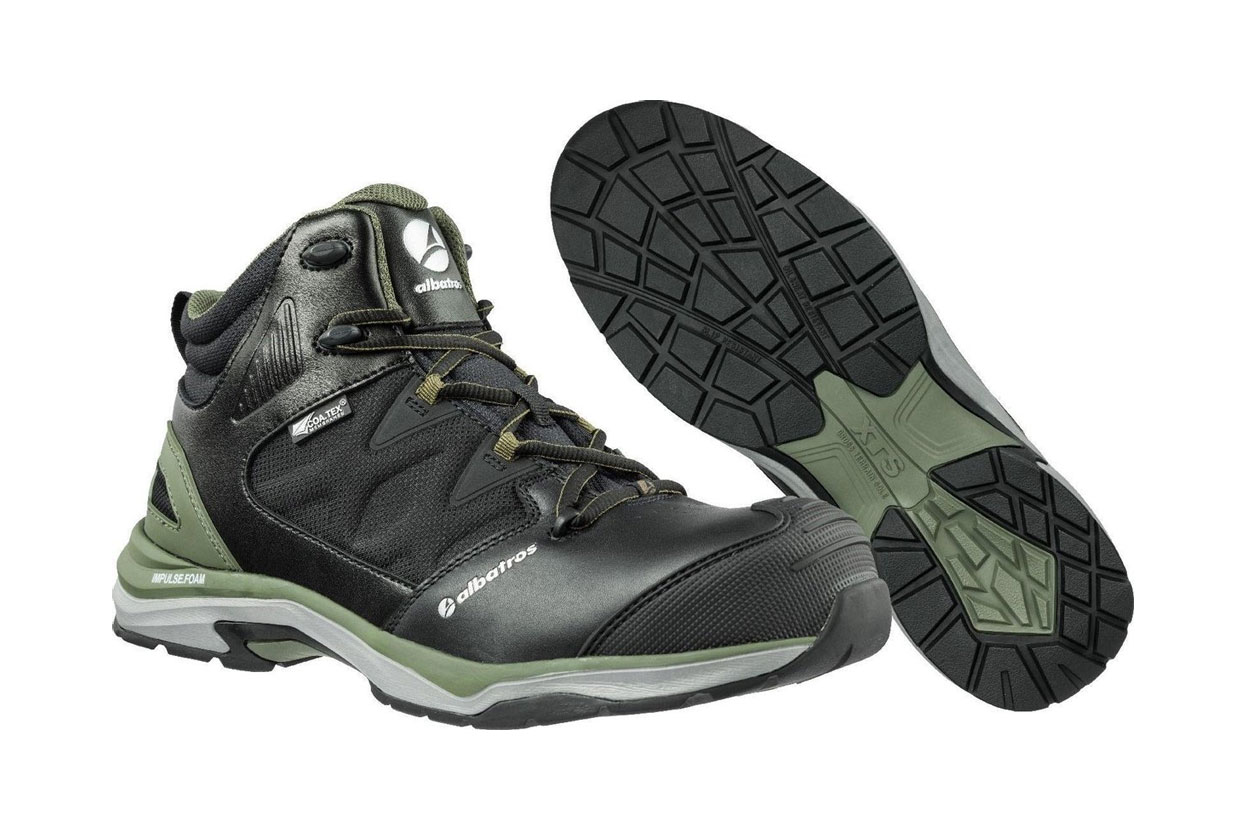 Albatros UltraTrail Olive CTX Mid veiligheidsschoen, rechter zijaanzicht en onderzool.