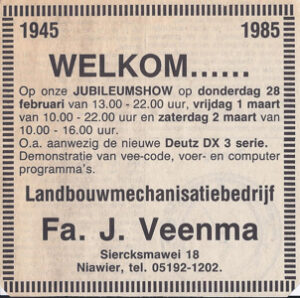 Geschiedenis Veenma - Advertentie jubileumshow (1985)